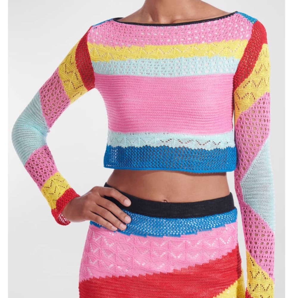 STAUD Pink and Blue Long Sleeve Crop Top
